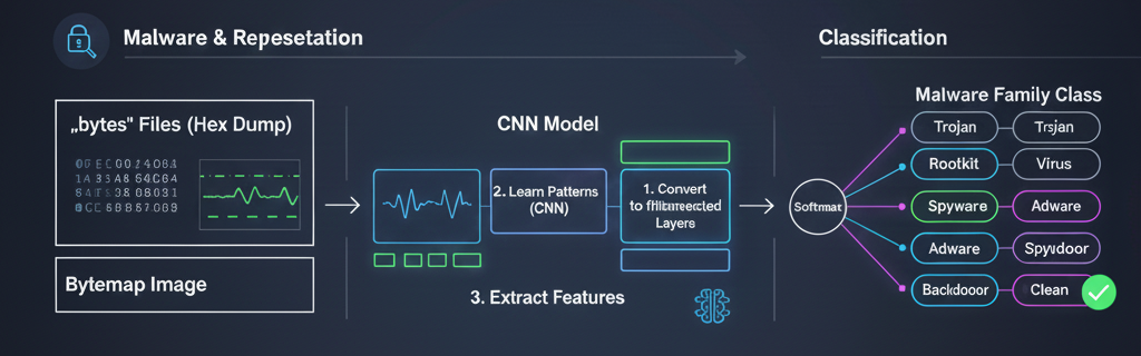 CNN malware classification pipeline diagram